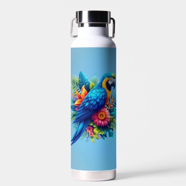 Colourful, blue tropical macaw  water bottle (Front)