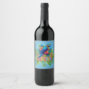 Colourful, blue tropical macaw   wine label