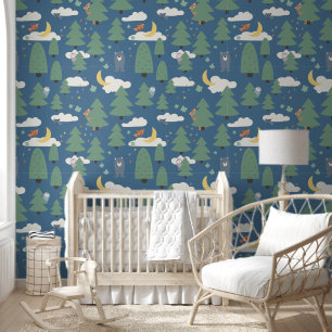 Colourful Blue Woodland Animal Kids Wallpaper