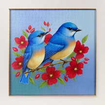 Colourful Bluebirds Perched Among Red Flowers