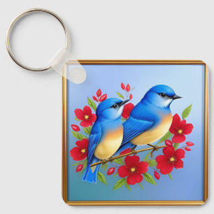Colourful Bluebirds Perched Among Red Flowers Key Ring