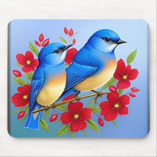Colourful Bluebirds Perched Among Red Flowers Mouse Pad