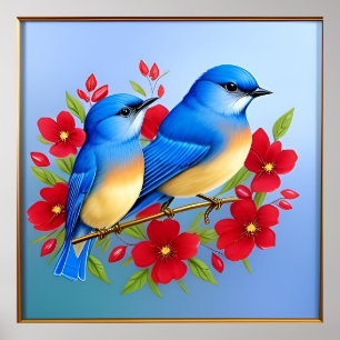 Colourful Bluebirds Perched Among Red Flowers Poster