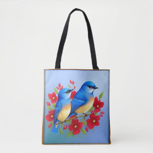 Colourful Bluebirds Perched Among Red Flowers Tote Bag