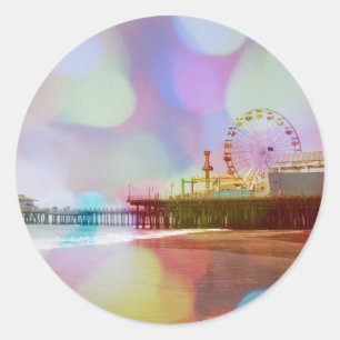 Colourful Blurry Bokeh Santa Monica Pier Classic Round Sticker