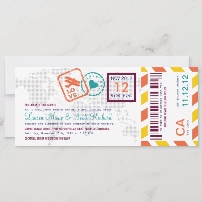 Colourful Boarding Pass Airmail Ticket Invitation (Front)