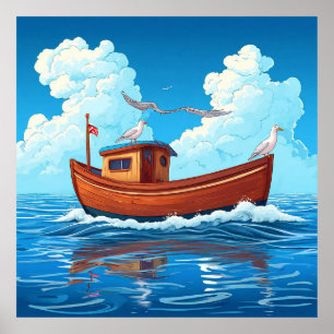 Colourful Boat Floating on Ocean Waves Poster