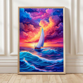 Colourful Boat Oil Painting Impasto Fishermen in  Poster