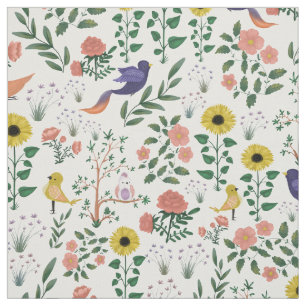 Colourful Bohemian Birds of Spring Floral Pattern Fabric