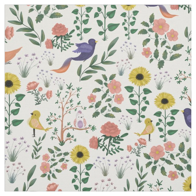Colourful Bohemian Birds of Spring Floral Pattern Fabric (Swatch)
