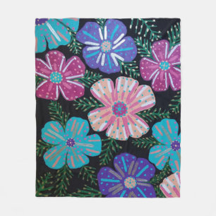 Colourful Bohemian Floral on Black Fleece Blanket
