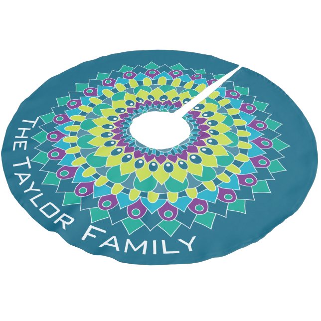 Colourful Bohemian Flower with blue and green Brushed Polyester Tree Skirt (Angled)