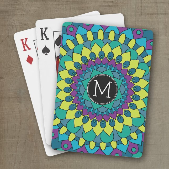 Colourful Bohemian Flower with Custom Monogram Playing Cards (Personalized playing cards)