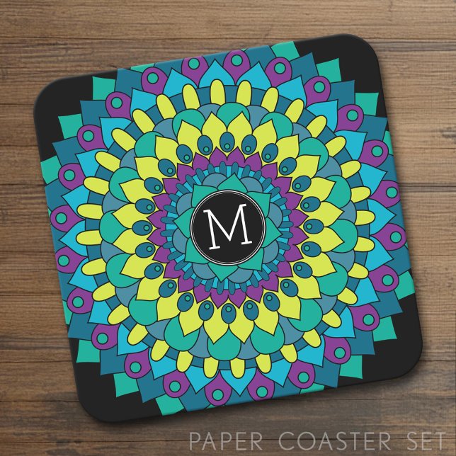 Colourful Bohemian Flower with Custom Monogram Square Paper Coaster (Custom Coaster Set)