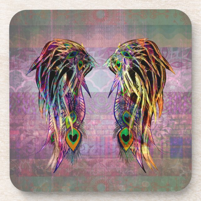 Colourful Bohemian Peacock Feather Angel Wings Coaster (Front)