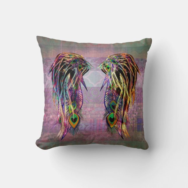 Colourful Bohemian Peacock Feather Angel Wings Cushion (Front)