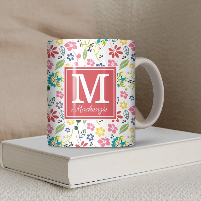 Colourful Bohemian Spring Flowers Coral Monogram Coffee Mug (Colorful Bohemian Spring Flowers Coral Pink Monogram Coffee Mug)