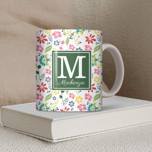 Colourful Bohemian Spring Flowers Green Monogram Coffee Mug
