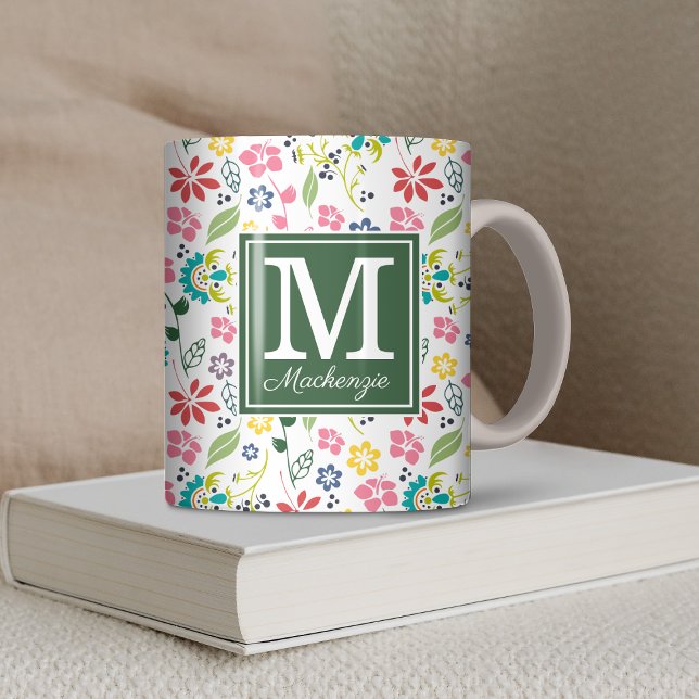 Colourful Bohemian Spring Flowers Green Monogram Coffee Mug (Colorful Bohemian Spring Flowers Green Monogram Coffee Mug)