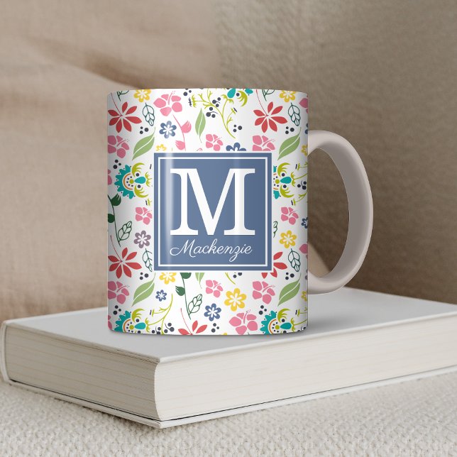 Colourful Bohemian Spring Flowers Monogram Coffee Mug (Colorful Bohemian Spring Flowers Monogram Coffee Mug)