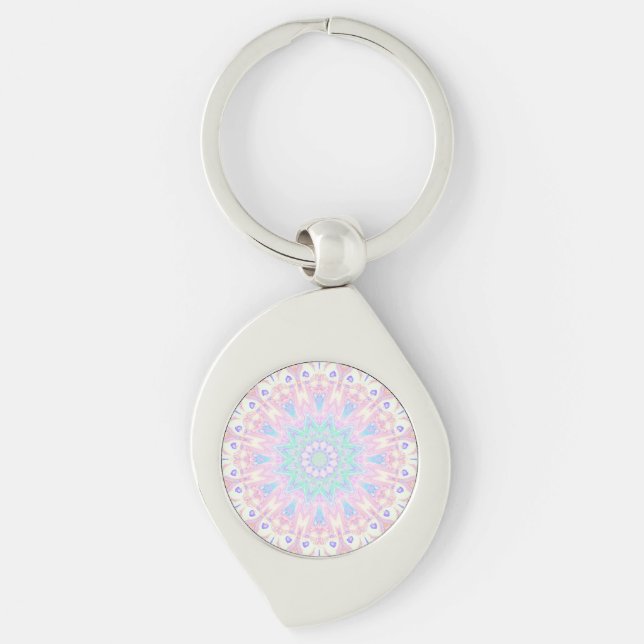 Colourful Bohemian Trippy Bright Pastel Mandala Key Ring (Front)
