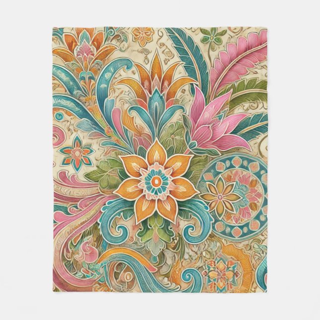 Colourful Boho Batik Floral Botanical Watercolor Fleece Blanket (Front)