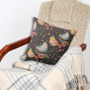 Colourful Boho Birds and Flowers Throw Pillow