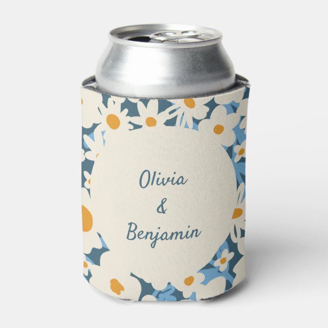 Colourful Boho Blue White Floral Custom Wedding Can Cooler (Can Front)