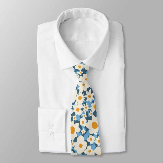 Colourful Boho Blue Yellow White Floral Wedding Tie (Tied)