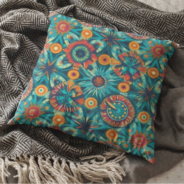 Colourful Boho Bohemian Design Orange Teal Cushion (Creator Uploaded)