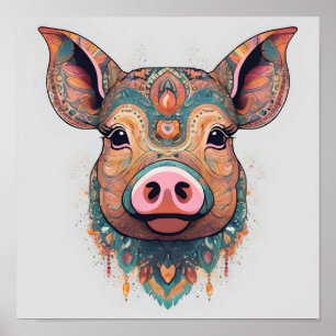 Colourful Boho Bohemian Pig Whimsical Wall Art
