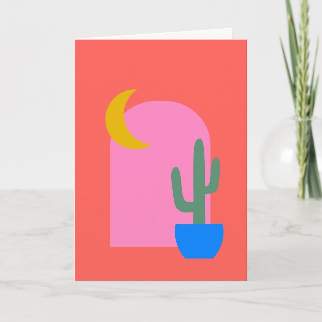Colourful Boho Cactus Moon Shapes in Red and Pink  Note Card (Front)