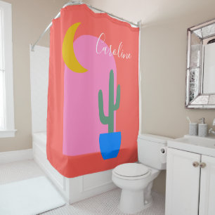 Colourful Boho Cactus Moon Shapes in Red Custom  Shower Curtain