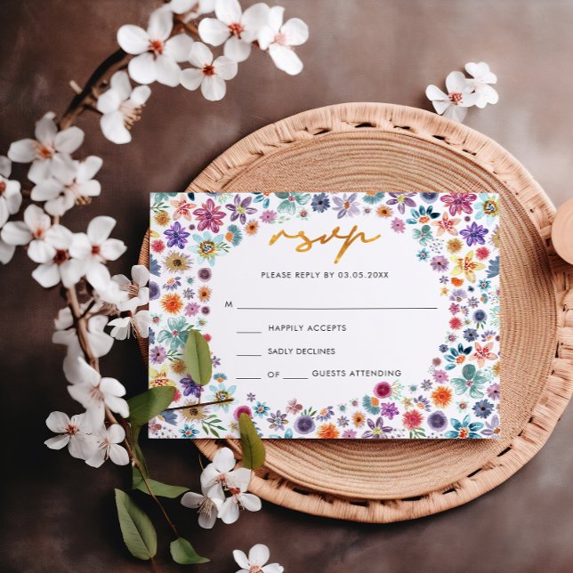 Colourful Boho Chic Gold Wildflower Garden Wedding RSVP Card (Front)