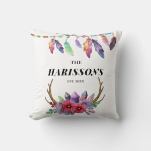 Colourful Boho Feathers and Flowers Custom Family Cushion