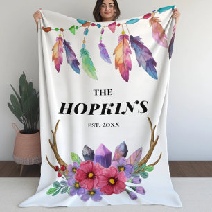 Colourful Boho Feathers and Flowers Custom Family Sherpa Blanket