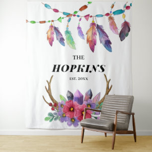 Colourful Boho Feathers and Flowers Custom Family Tapestry