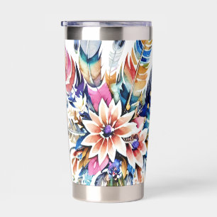Colourful boho feathers personalised insulated tumbler