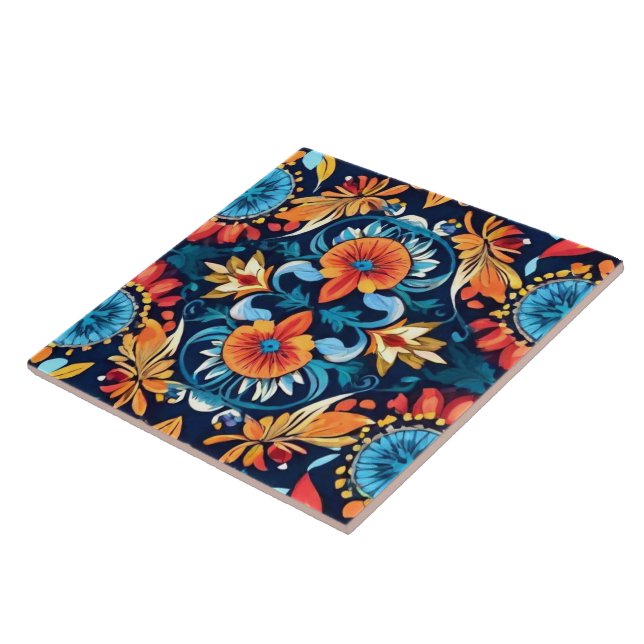 Colourful Boho Floral Elegance: Vibrant Mandala Ceramic Tile (Side)