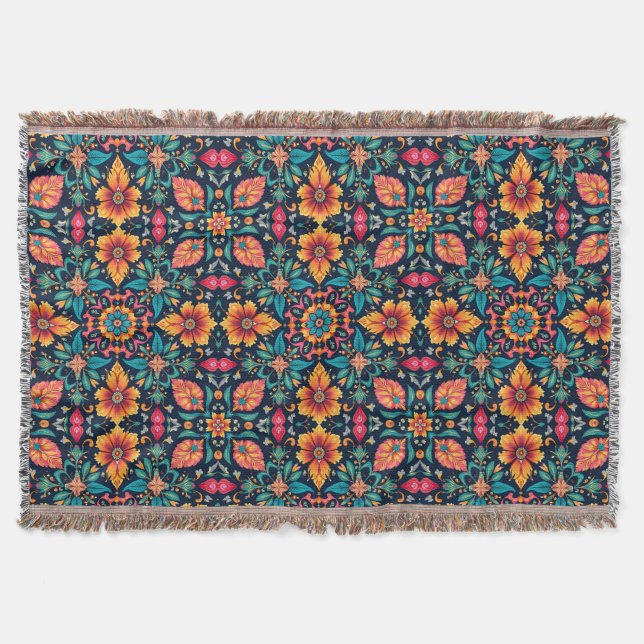 Colourful Boho Floral Pattern Elegant Symmetry Throw Blanket (Front)
