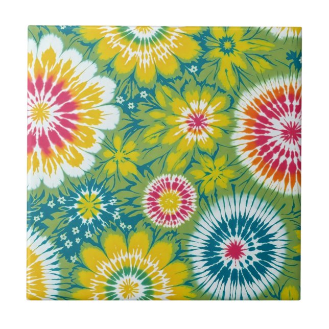 Colourful Boho Floral Tie Dye Design Ceramic Tile (Front)
