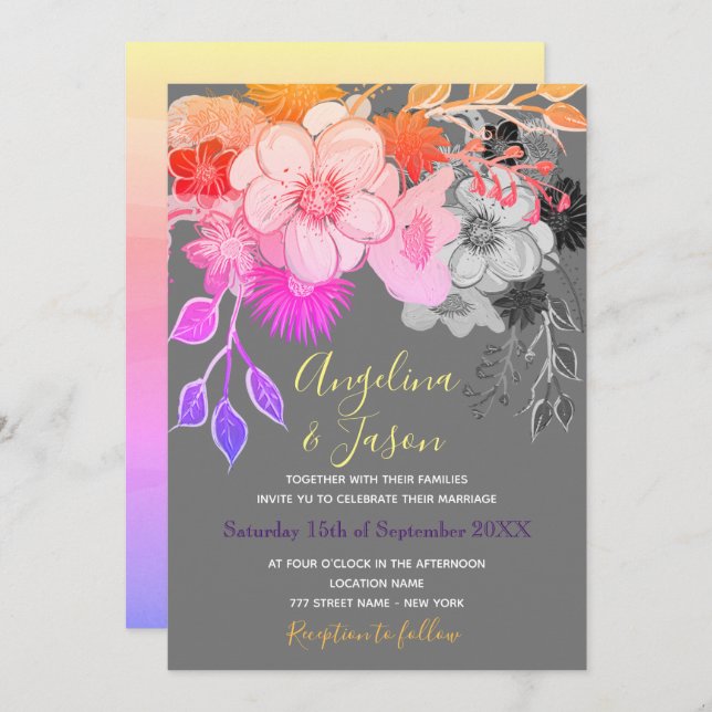 Colourful Boho Floral Wedding Invitation (Front/Back)