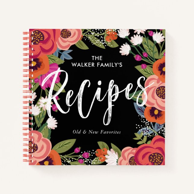 Colourful Boho Flowers Brush Script Recipes  Notebook (Front)