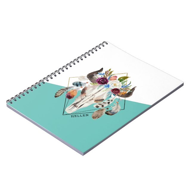 Colourful boho flowers bull skull geometric design notebook (Left Side)