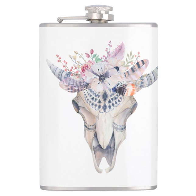 Colourful Boho Flowers & Skull Hip Flask (Front)