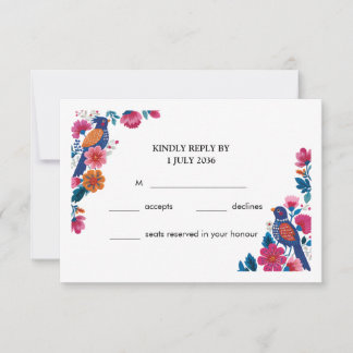 Colourful Boho Folk Birds and Flowers Wedding RSVP Card