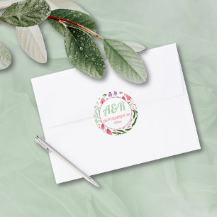 Colourful boho folklore flowers round frame weddin classic round sticker