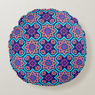 Colourful Boho Geometric Floral Pattern Round Cushion