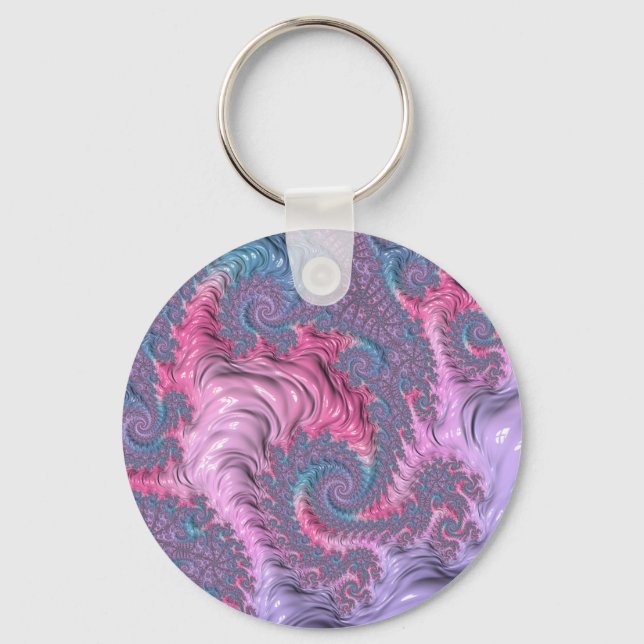 Colourful Boho Hippie Groovy Trippy Pastel Fractal Key Ring (Front)