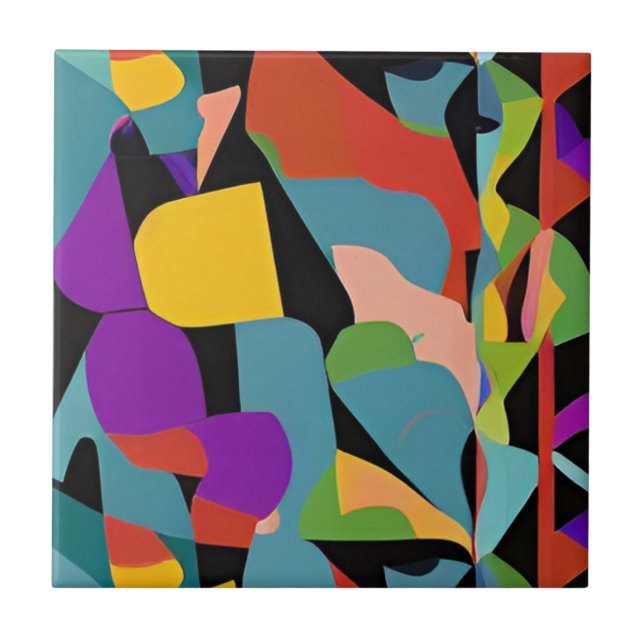 Colourful boho modern abstract art blue red patter ceramic tile (Front)